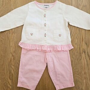 Boutique Pink White Girls 2T Pants Spring Outfit Hand Embroidered Cotton